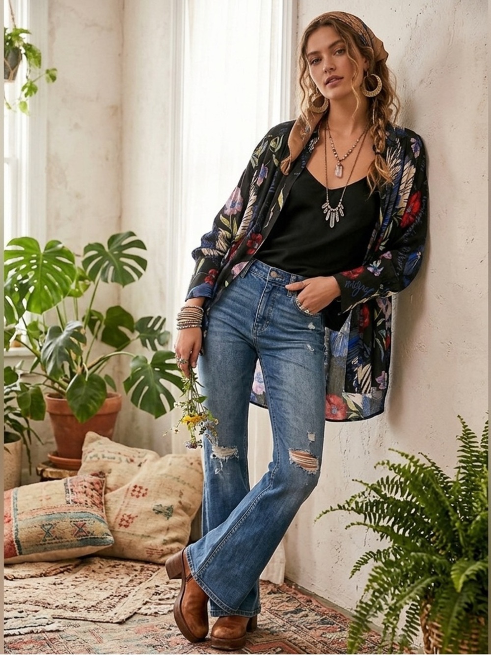 Free People Women's Black/Multi Floral Silky Nights Oversized Blouse Size XS